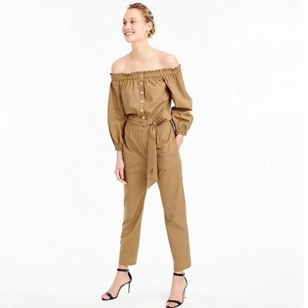 J CREW KHAKI COTTON OFF SHOULDER ONE PIECE JUMPSUIT Overalls Sz 0 **READ**